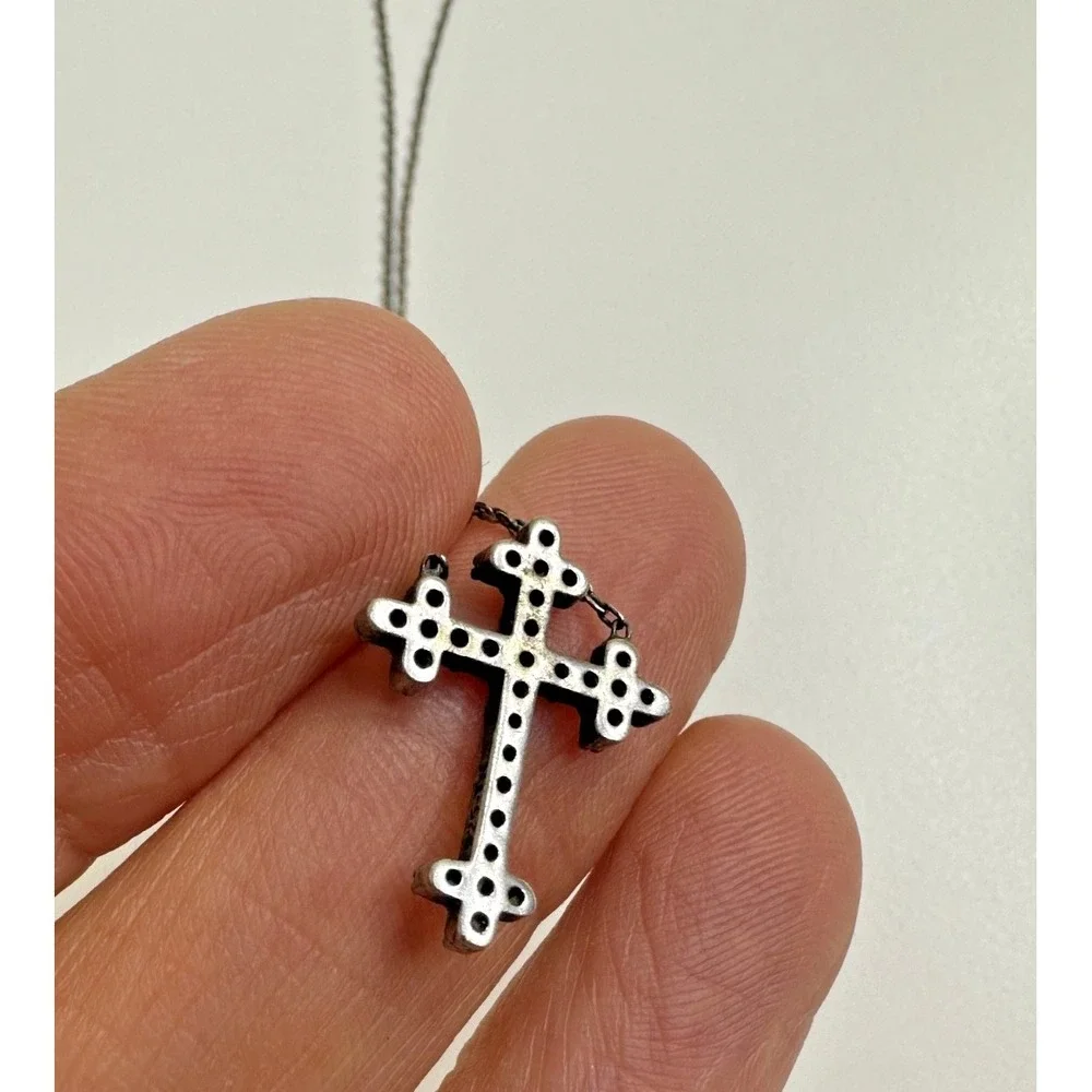 Sterling Silver Necklace‎ Cross Pendant Diamond Chips Italy Religious Adjustable